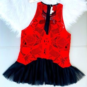 NWT! JONATHAN SIMKHAI 
RED LACE & BLACK TULLE 
PEPLUM HALTER TOP 
Size 4